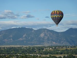 Hot air balloon ride with the Flatirons as a backdrop. Courtesy of Boulder CVB.